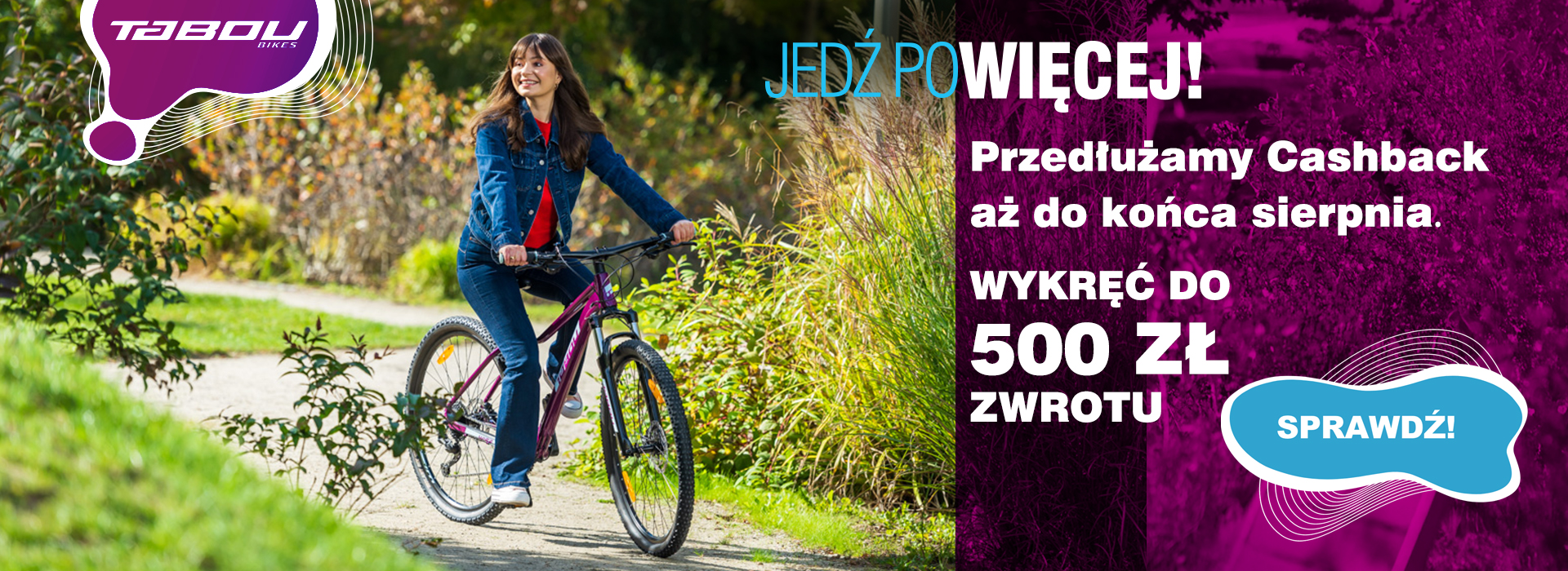 Promocja Cashback 500 zł – rowery TABOU 2025, baner promocyjny z dużym napisem i grafiką roweru.